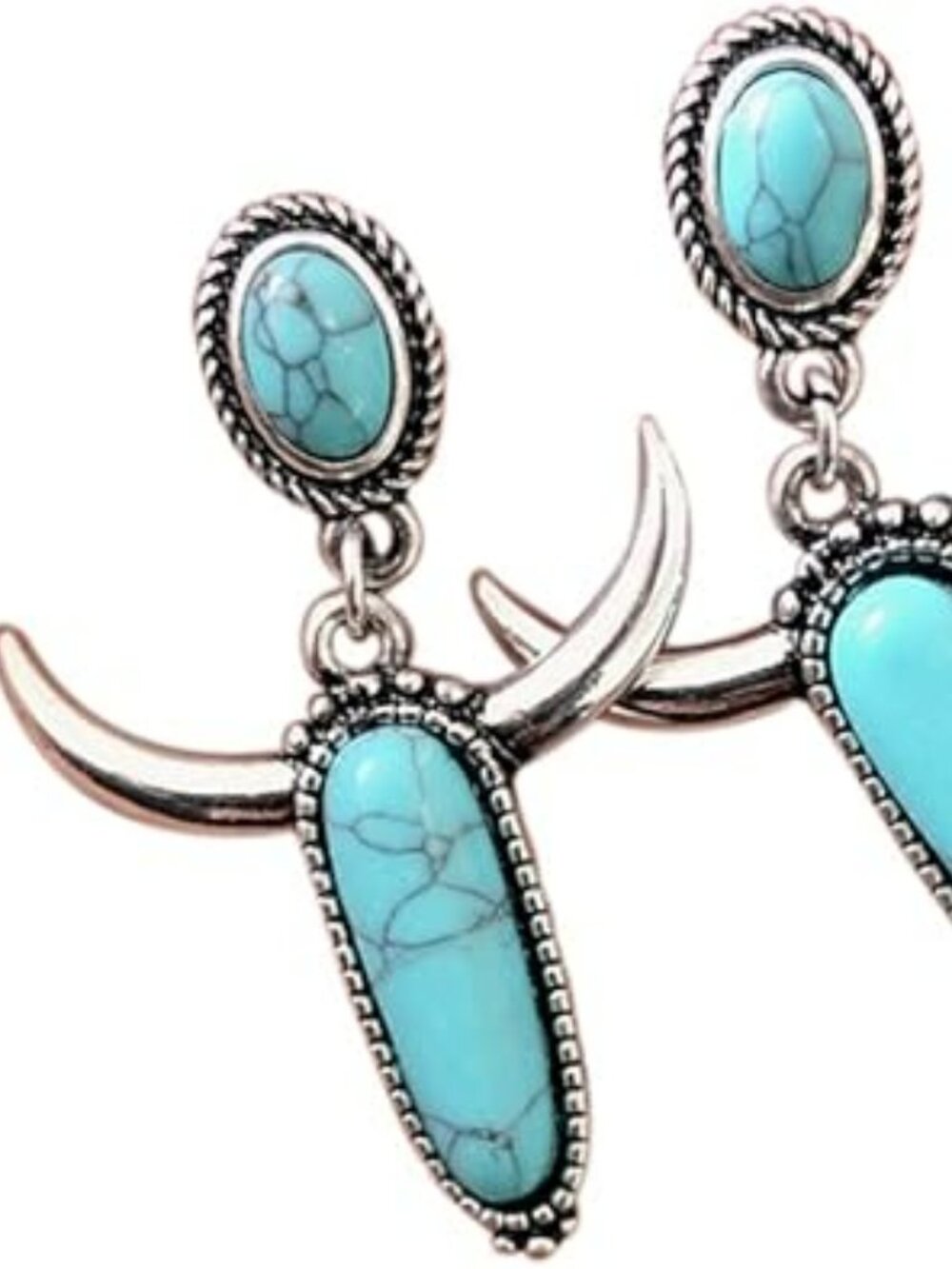 Bohemian Western Boho Dangle Drop Silver and Turquoise Cow Head Earrings NEW
